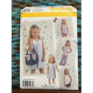 Simplicity 1475 pattern girls dress top pants shorts purse dress for 18" doll